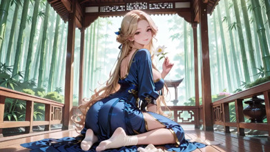 Blonde Goddess in Silk! Lazy Strolls, Kneeling Glances, and Fingertips Grazing Her Chest in a Sun-drenched Japanese Corridor