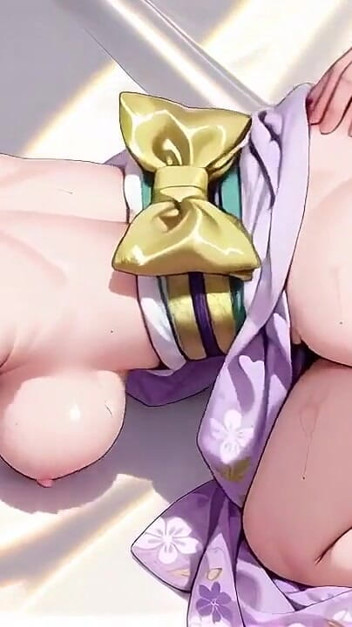 Green-haired Kimono Girl’s Private Morning! Purple Yukata Slightly Damp, Kneeling on the Bed in a Japanese Room