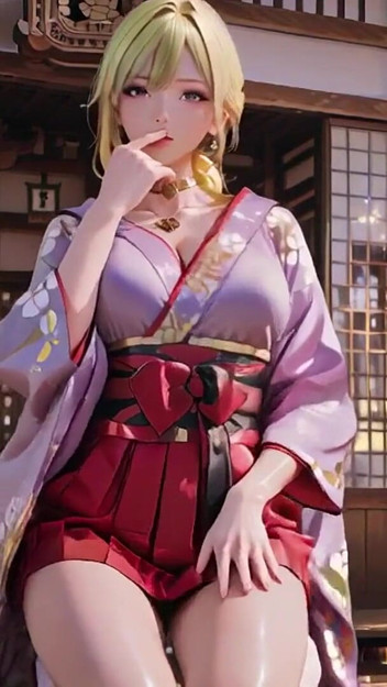 Blonde Goddess in the Japanese Corridor, Lazy Gazes, Hand on Hips, Sunlight Drenching Her Skin